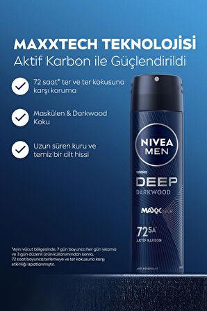 Nivea MEN Erkek Sprey Deodorant Deep Dimension Aktif Karbon 150ml, 72 Saat Anti-perspirant Koruma, X5 Adet