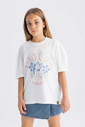 DeFacto Kız Çocuk Oversize Fit Bisiklet Yaka 3D Baskılı Kısa Kollu Tişört C5462A824SMWT34