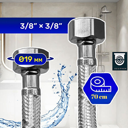 70 Cm Paslanmaz Çelik Örgülü Flex Hortum – 3/8"x3/8" Klozet & Taharet Musluğu Bağlantı Hortumu