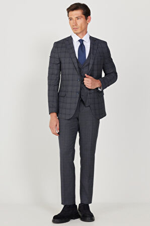 Erkek Lacivert-gri Slim Fit Dar Kesim Mono Yaka Kareli Yelekli Klasik Takım Elbise