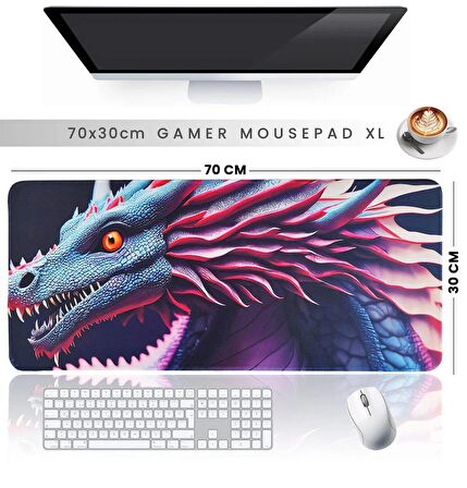 70x30cm Mouse Pad Kaymaz Kauçuk Taban Dikişli Gaming Oyuncu Mousepad Ejderha