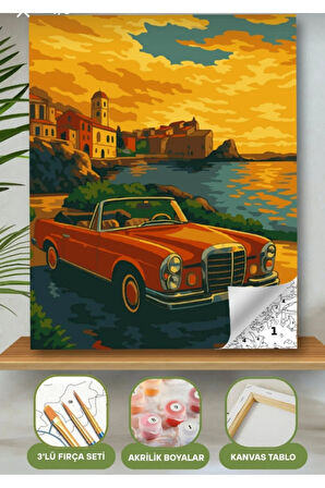 Sayılarla Boyama Seti 40x50 Cm (Çıtalı) Fırça Boya Dahil Numaralı Tuval Kırmızı Arabalı Manzara