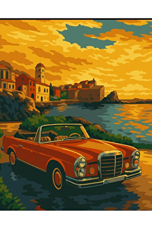 Sayılarla Boyama Seti 40x50 Cm (Çıtalı) Fırça Boya Dahil Numaralı Tuval Kırmızı Arabalı Manzara