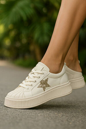 Günlük Kadın Sneaker Bağcıklı Yıldız Detaylı Yüksek Taban Simli Rahat Ayakkabı 7100