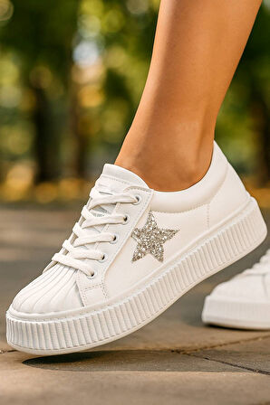 Günlük Kadın Sneaker Bağcıklı Yıldız Detaylı Yüksek Taban Simli Rahat Ayakkabı 7100
