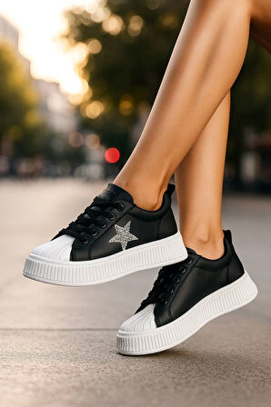 Günlük Kadın Sneaker Bağcıklı Yıldız Detaylı Yüksek Taban Simli Rahat Ayakkabı 7100