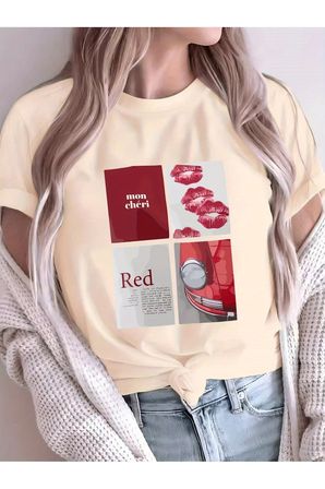 Unisex Red Mon Cheri Baskılı Tasarım Tshirt