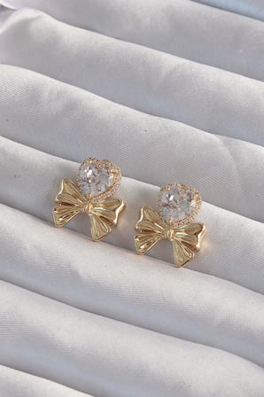 Kalp Fiyonk Küpe Zirkon Taşlı Gold Renk Pirinç