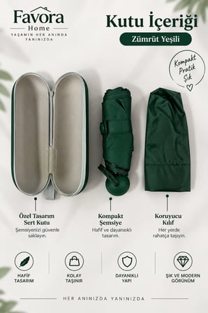 Favora RainBox Kapsül Şemsiye - Kutulu Mini Katlanır Çanta Boy Şemsiye Zümrüt Yeşili