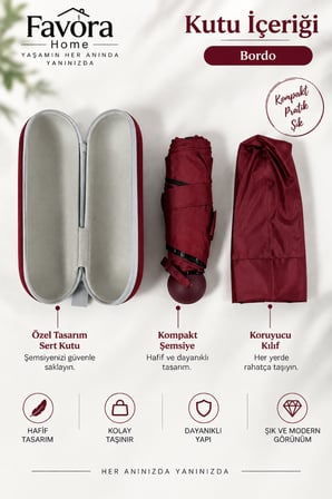 Favora RainBox Kapsül Şemsiye - Kutulu Mini Katlanır Çanta Boy Şemsiye Bordo