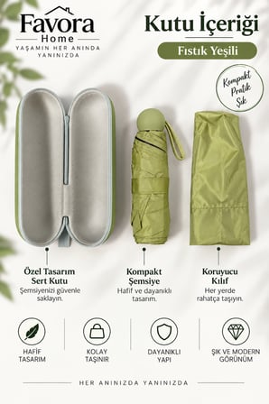 Favora RainBox Kapsül Şemsiye - Kutulu Mini Katlanır Çanta Boy Şemsiye Fıstık Yeşili