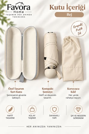 Favora RainBox Kapsül Şemsiye - Kutulu Mini Katlanır Çanta Boy Şemsiye Bej