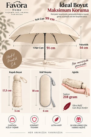 Favora RainBox Kapsül Şemsiye - Kutulu Mini Katlanır Çanta Boy Şemsiye Bej