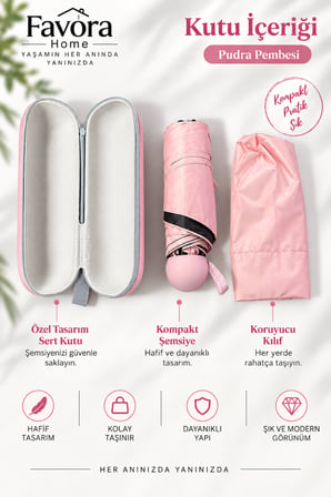 Favora RainBox Kapsül Şemsiye - Kutulu Mini Katlanır Çanta Boy Şemsiye Pudra Pembesi