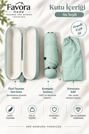 Favora RainBox Kapsül Şemsiye - Kutulu Mini Katlanır Çanta Boy Şemsiye Su Yeşili