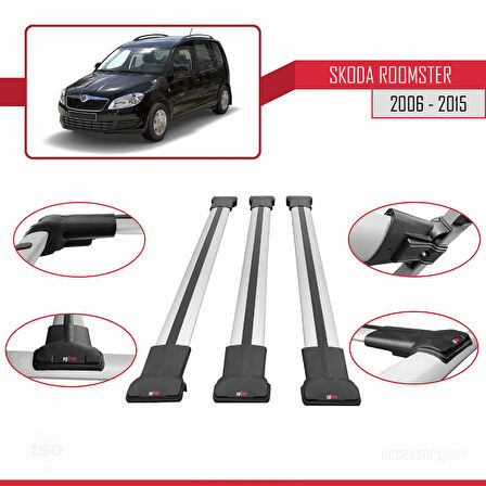 Skoda Roomster 2006-2015 Arası ile Uyumlu FLY Model Ara Atkı Tavan Barı Gri 3 Adet
