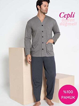 Erkek V Yaka Öden Düğmeli Göğüs Cepli %100 Pamuk Uzun Kol Cepli Pijama Takımı-Dede Hastane Pijaması