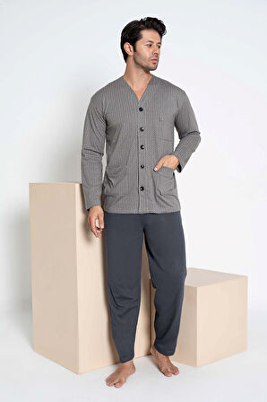 Erkek V Yaka Öden Düğmeli Göğüs Cepli %100 Pamuk Uzun Kol Cepli Pijama Takımı-Dede Hastane Pijaması