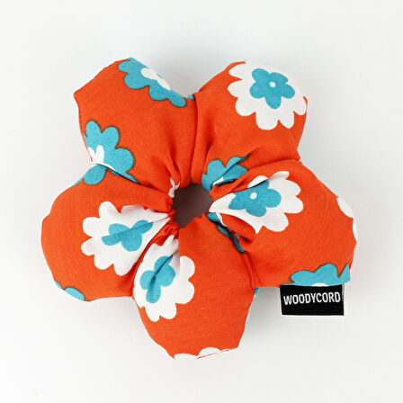 WoodyCord El Yapımı Çiçek Desenli Pofuduk Scrunchie Toka - Turuncu