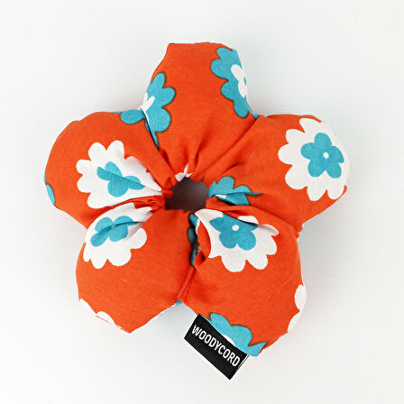 WoodyCord El Yapımı Çiçek Desenli Pofuduk Scrunchie Toka - Turuncu