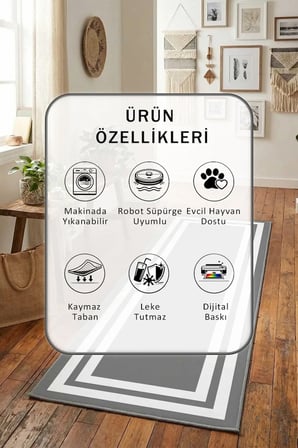 Yıkanabilir Kaymaz Çerçeve Antresit Gri Beyaz Dijital Baskılı Yolluk Halı Tüy Tutmaz Beyaz