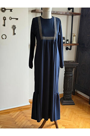 Şardonlu ve Nakışlı Örme Elbise 2427 NAVRA |