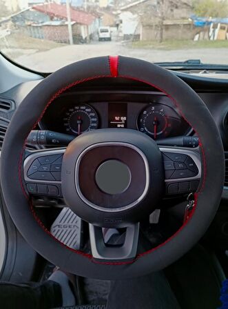 Dikmeli Direksiyon Kılıfı Alkantara Kırmızı Yüzüklü Fiat Doblo Uyumlu 38×10.5Cm