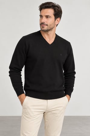 Erkek V Yaka Triko Tek Plaka Basic Örgü Kazak SM23WT2205.4002-Siyah
