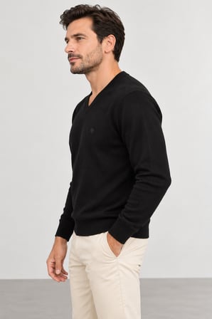 Erkek V Yaka Triko Tek Plaka Basic Örgü Kazak SM23WT2205.4002-Siyah