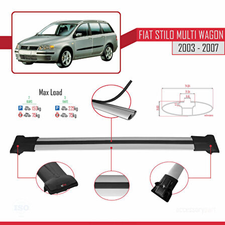 Fiat Stilo Multi Wagon 2003-2007 Arası ile Uyumlu FLY Model Ara Atkı Tavan Barı Gri 2 Adet