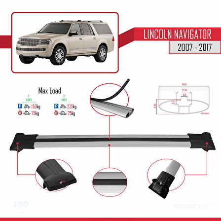 Lincoln Navigator 2007-2017 Arası ile Uyumlu FLY Model Ara Atkı Tavan Barı Gri 2 Adet