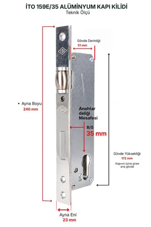 İto Kilit 159E/35 Silindir Tip Alüminyum Çarpma Makaralı Kapı Kilidi (35 mm - Barelsiz)