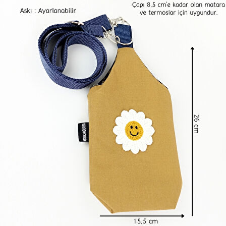 WoodyCord 1 Litrelik U Model Hardal Krem Papatya Aplikeli Matara Termos Kılıfı