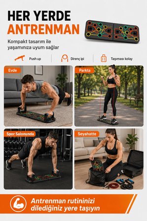 Çok Fonksiyonlu Katlanabilir Şınav Tahtası Egzersiz Seti - Direnç Bandı, Karın Tekerleği Ab Wheel, P