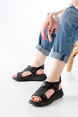 T-221 Siyah Spring Paraşüt Kumaş Lastikli Ortopedik Kadın Sandalet 