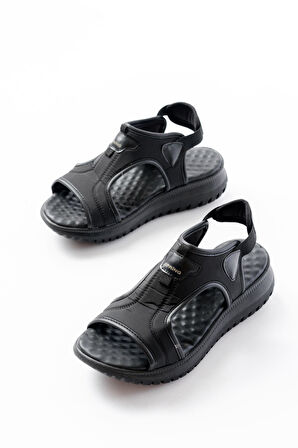 T-221 Siyah Spring Paraşüt Kumaş Lastikli Ortopedik Kadın Sandalet 