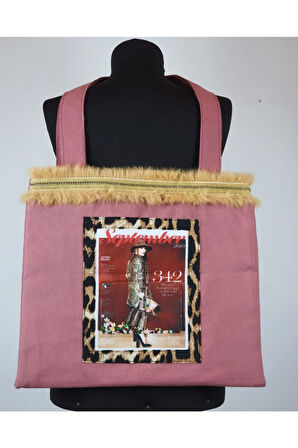 Kaın figürlü cep içi pullu zincir ve tüylü günlük bez çanta