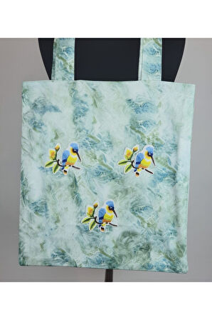 Kuş aplikeli yaprak desenli günlük,plaj,bebek bez çantası.