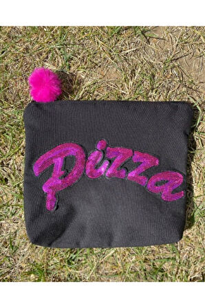 PUL PAYETLİ PİZZA YAZILI PEMBE SİYAH PONPONLU PORTFÖY CLUTCH EL VE MAKYAJ ÇANTASI 28X26 CM