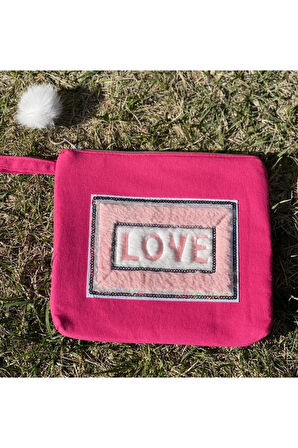 PELUŞ PUL PAYETLİ LOVE APLİKELİ PONPONLU PORTFÖY CLUTCH EL VE MAKYAJ ÇANTASI 25X28 CM