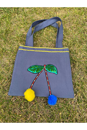 Mavi sarı pon ponlu payetli yaprak aplike bez çanta