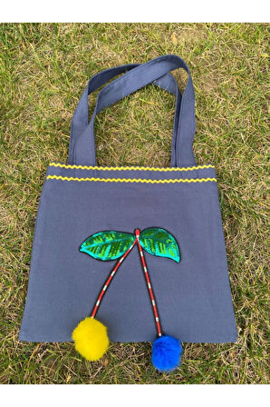 Mavi sarı pon ponlu payetli yaprak aplike bez çanta