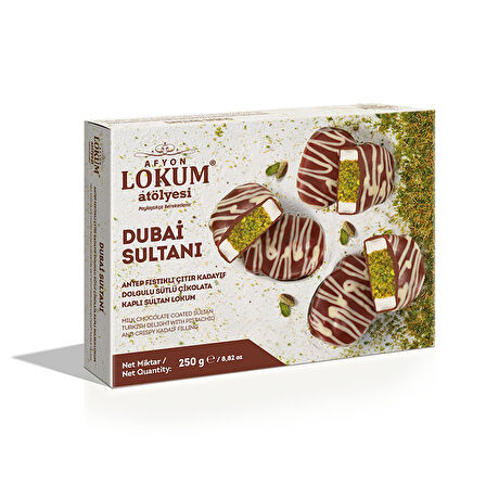 250 g Dubai Sultanı Antep Fıstıklı Çıtır Kadayıf Dolgulu Sütlü Çikolata Kaplı Sultan Lokum