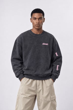 Erkek About Baskılı Yıkamalı Oversize Sweatshirt Siyah