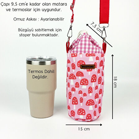 Woodycord Pembe Mantar Pötikare Desenli Büzgülü El Yapımı Termos ve Matara Kılıfı