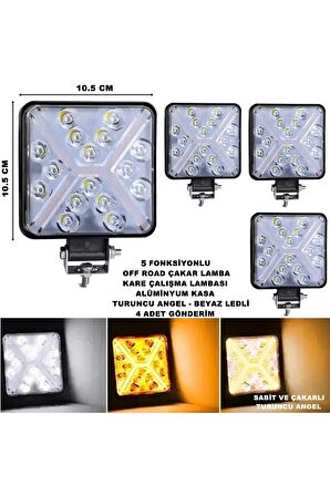 Off Road Kare Çalışma Lambası Turuncu Çakar Angel-Beyaz Led 5 Fonksiyon 10,5x10,5 cm 4 Adet