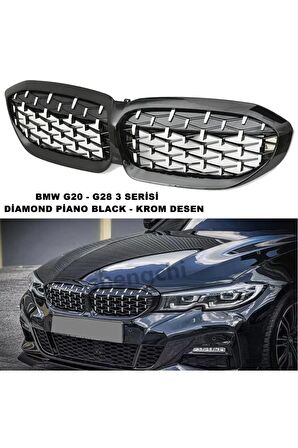 Bmw G20 3 Serisi Uyumlu  Diamond Ön Panjur Izgara Böbrek Piano Black & Krom Desen 1. Kalite -