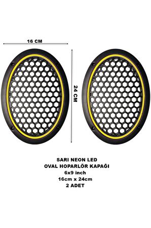 16x24 cm 6x9 inch Neon Led Işıklı Midrange Oval Hoparlör Kapağı Çiftli (2 adet) Sarı Renk