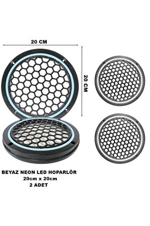 20x20 cm Neon Led Işıklı Midrange Hoparlör Kapağı Yuvarlak Çiftli (2 adet) Beyaz Renk