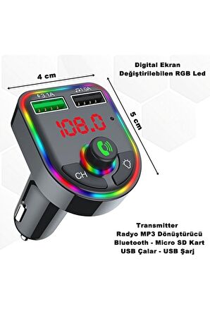 Çakmaklık Rgb Işıklı Radyo Mp3 Dönüştürücü Transmitter Bluetooth-micro Sd Kart-usb Çalar - Usb Şarj